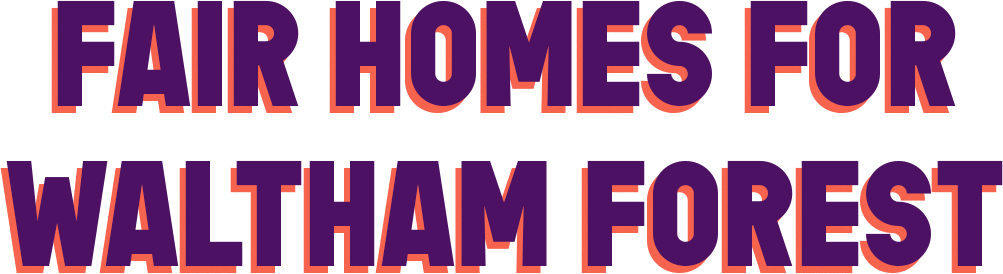 Fair Homes for WF Text Logo (Purple) A purple logo with an orange drop shadow that reads: Fair Homes for Waltham Forest